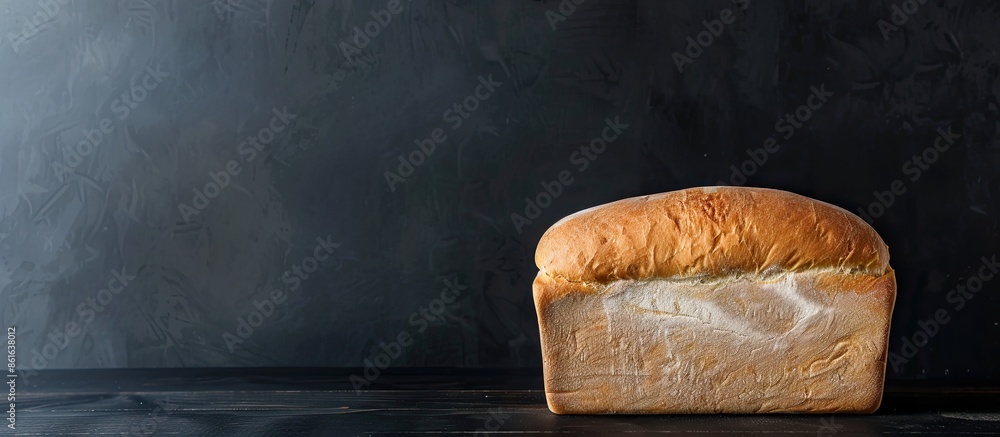 Poster a loaf of fresh bread with copy space image on a black backdrop.
