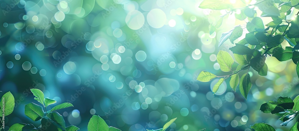 Poster blurry abstract summer background featuring blue and green hues with bokeh effect, ideal as cover pa