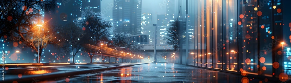 Poster smart home in futuristic smart city with voice activated automated systems and connected devices