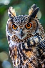 Fototapeta premium Close-up shot of an owl's face with bright orange eyes, suitable for use in nature-themed designs or illustrations