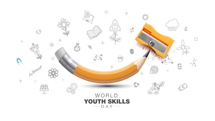 World youth skills day background. Skills education and training concept with sharpener and pencil.