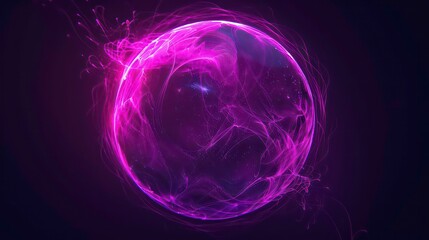 Abstract neon energy sphere of particles and waves of magical glowing on a dark background, circle and loop frames with magic purple and pink flame and sparks isolated on transparent, generative AI.
