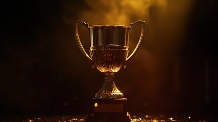 golden award cup with golden rays in smoke, on black background