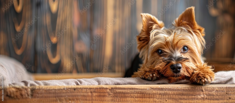 Poster yorkshire terrier dog boarding in pet hotel. copy space image. place for adding text or design