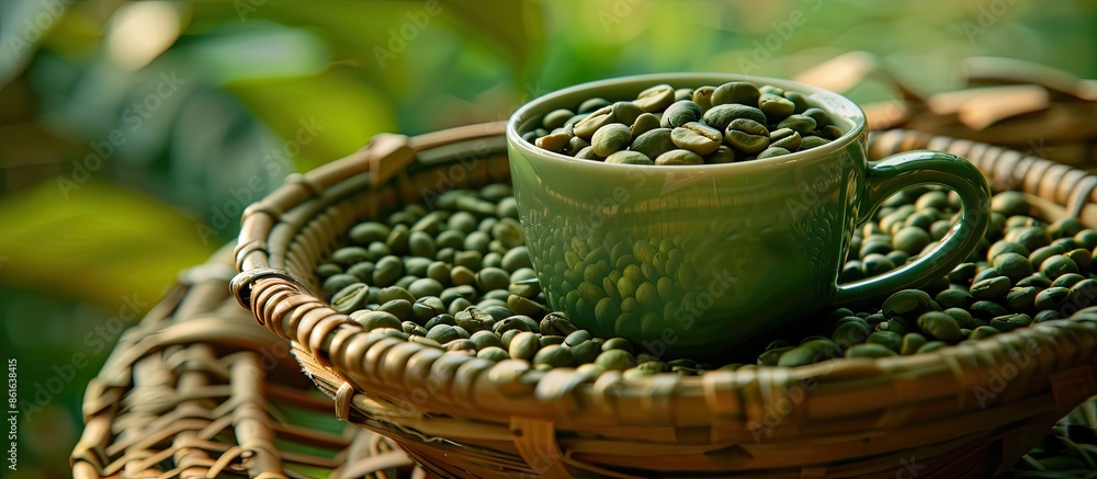 Aufkleber the beans inside and outside the cup are green, displayed in a basket with copy space image.