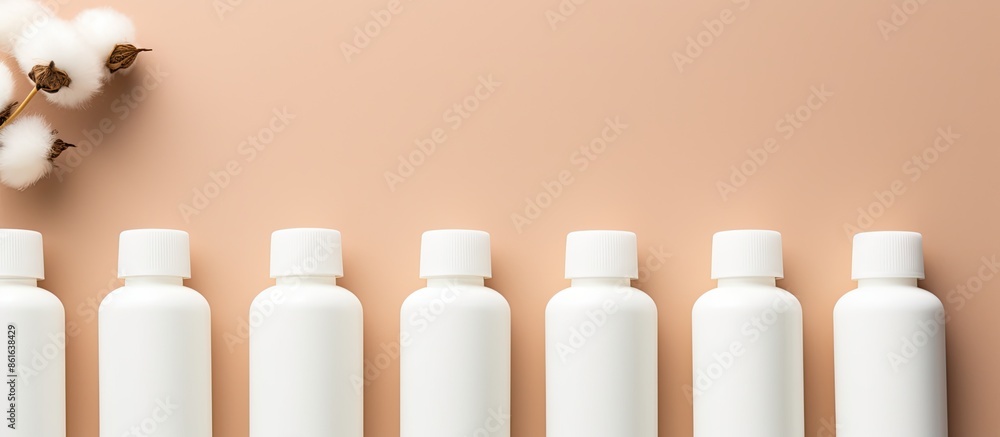 Aufkleber Cosmetic bottles arranged on colored backdrop with copy space image. Cream containers and cotton pads in flat lay composition from above.