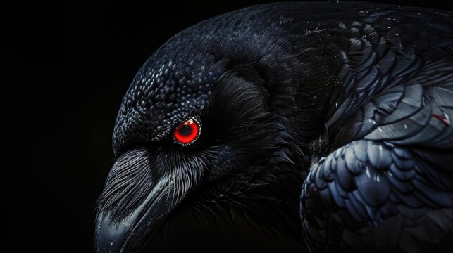 A close-up photo of a black bird with striking red eyes