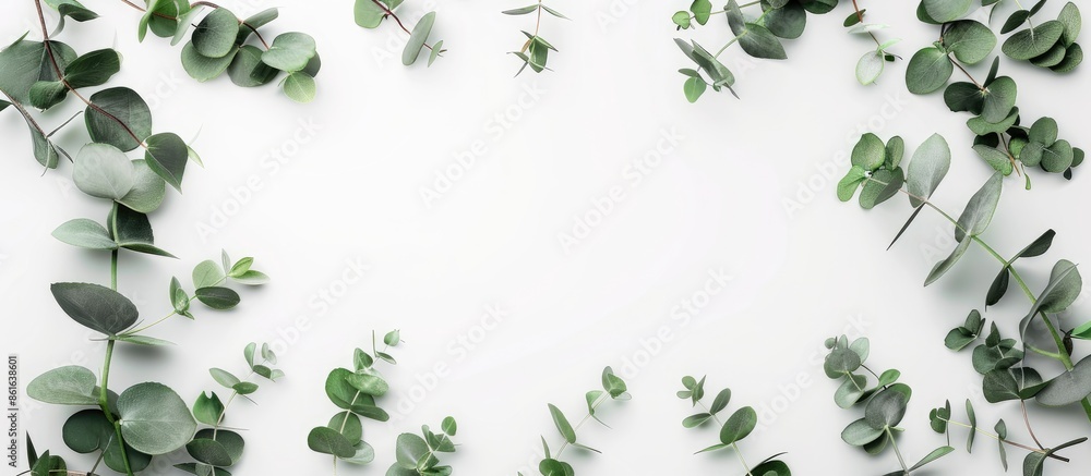 Poster Eucalyptus branches arranged in a frame on a white background with a flat lay view and copy space image available.