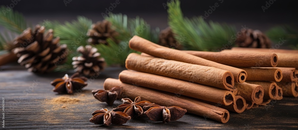 Aufkleber A festive arrangement of cinnamon sticks, cookies, and a Christmas tree branch on the table with a background suitable for adding a copy space image.