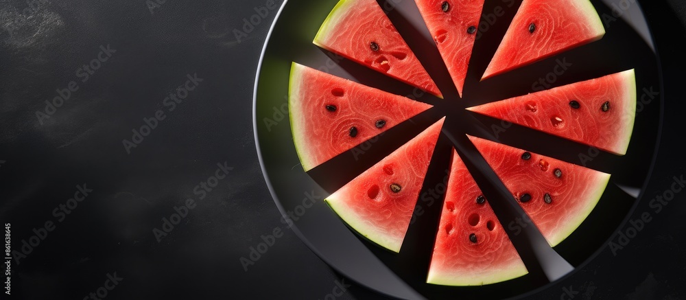 Poster top-view composition of watermelon slices on a black plate against a concrete backdrop with summer s