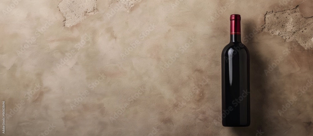 Poster top view of a red wine bottle on paper backdrop, providing copy space image.