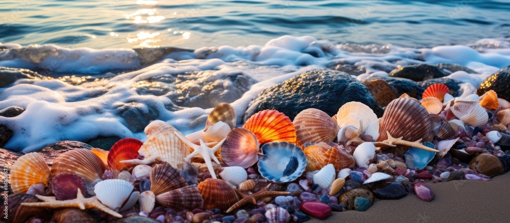 Poster Vibrantly colored seashells displayed on big coastal rocks with splashing waves, ideal for a copy space image.