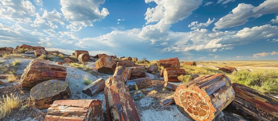 Various lengths, colors, and shapes of petrified wood are scattered in Petrified Forest National Park under a blue cloudy sky, with ancient civilization structures using this wood. Include copy space