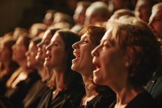 A group of people singing together in a choir, one phrase about what pictured on image and a one phrase with a short advice where may be used this picture