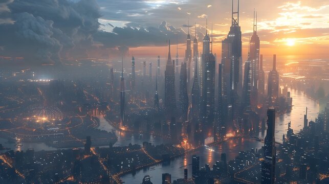 Futuristic Skyline of Sleek Interconnected Smart City with Advanced Technologies at Sunset