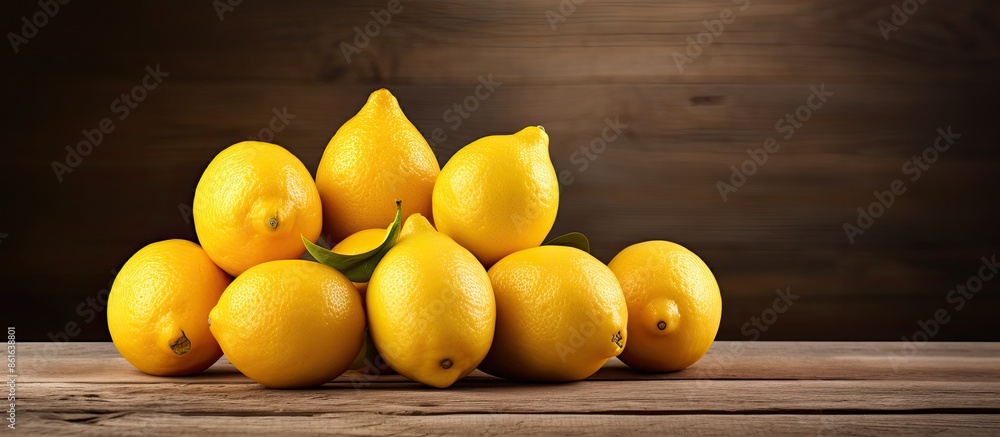 Poster lemons stacked on a rustic wooden table with plenty of room for text or other images in the shot, kn