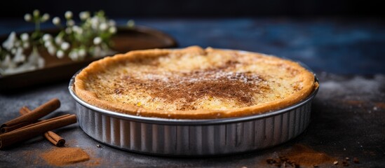 Freshly baked South African milk tart in tin, showcasing a rustic mottled grey surface with space for text or image. with copy space image. Place for adding text or design