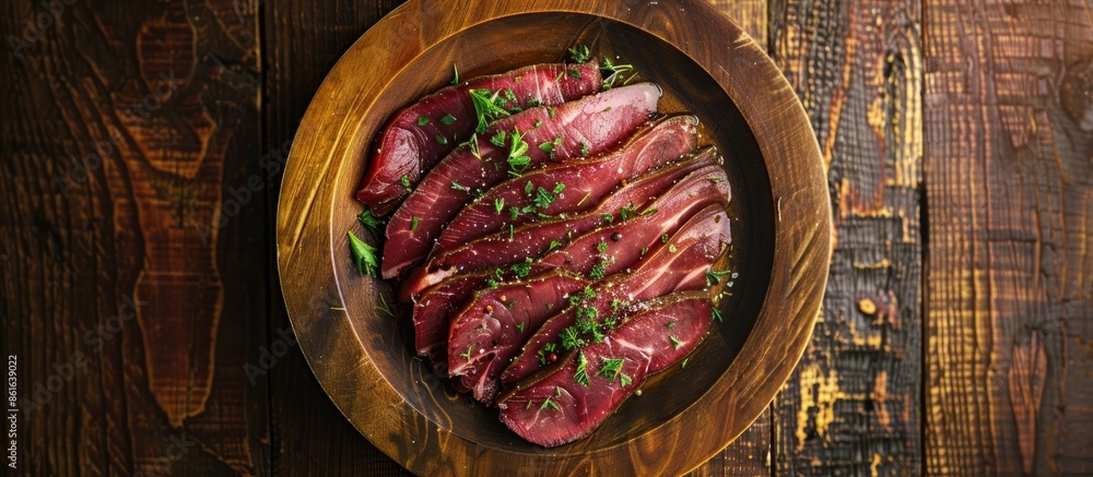 Poster top-down view of a wooden plate holding pastrami slices - dried beef infused with herbs - set agains