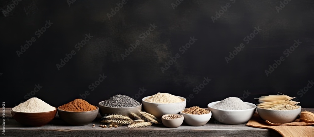 Poster various bowls filled with a variety of flours and seeds placed on a table, set against a dark backdr