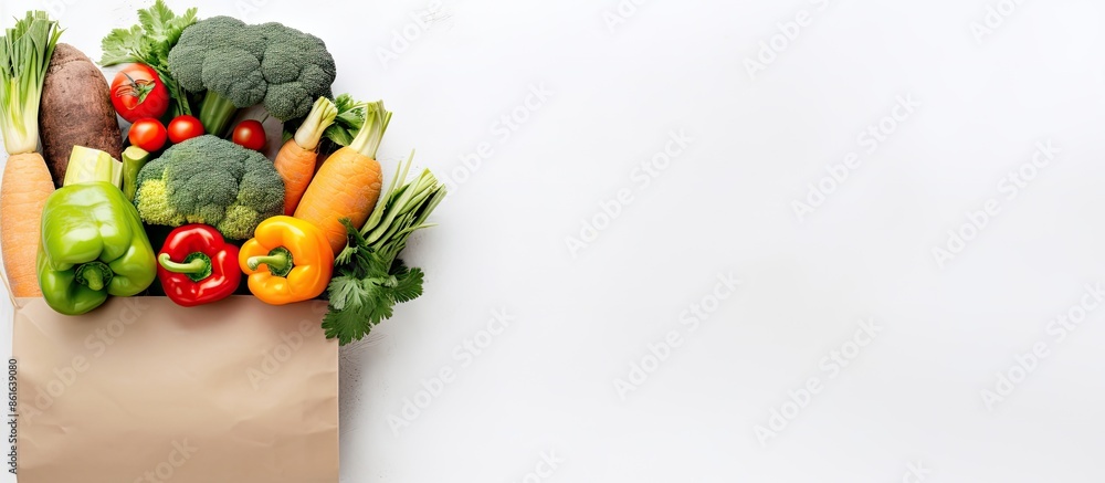 Poster Vegan and vegetarian food placed in a paper bag with vegetables and fruits on a white background, allowing room for text or images. with copy space image. Place for adding text or design