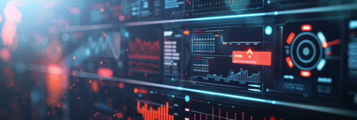 A futuristic computer monitor showing a dynamic, abstract network monitoring dashboard with pulsing graphs and data analytics .
