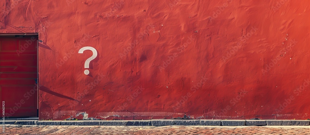 Poster faq concept depicted by prominent white question mark against red wall with ample copy space image.
