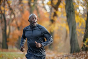 Middle aged fit man running in park