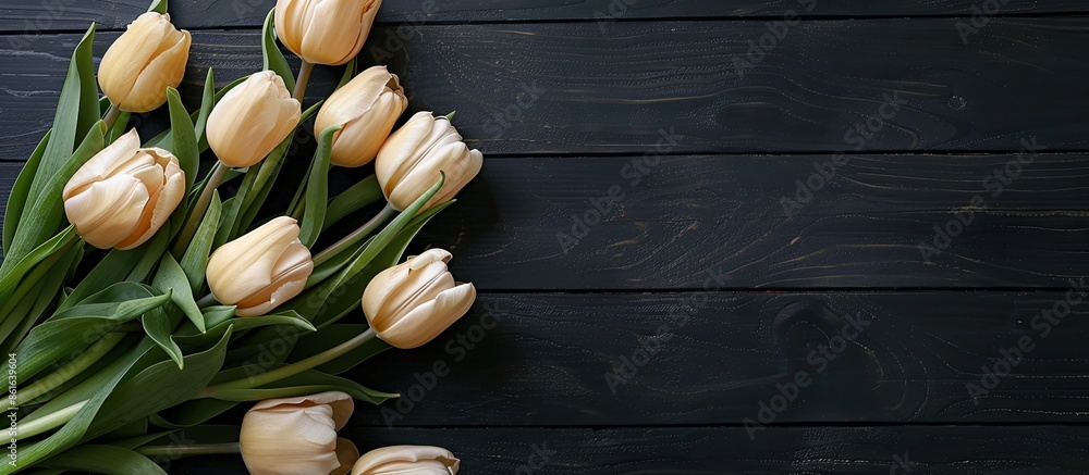 Aufkleber Top-down view of a bunch of beige tulips displayed on a black wooden surface with space for text or images. with copy space image. Place for adding text or design
