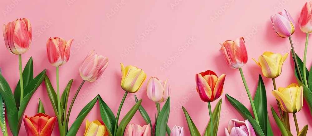 Poster spring-themed tulips in various colors on a soft pink backdrop with ample space for text, ideal for 
