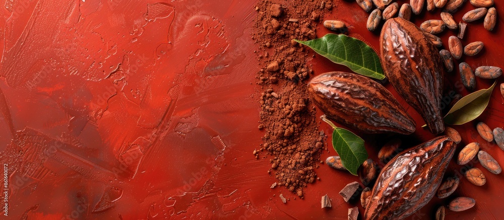 Poster red background with copy space image featuring organic cacao beans, cocoa powder, and chocolate, sui
