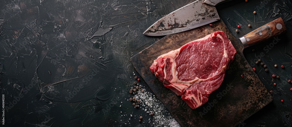 Poster close-up of raw meat with a chef's hatchet on a dark background, with abundant copy space image.