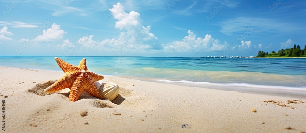 Aufkleber sandy tropical beach scene with seashell and starfish for text on the side, featuring a wide-angle v
