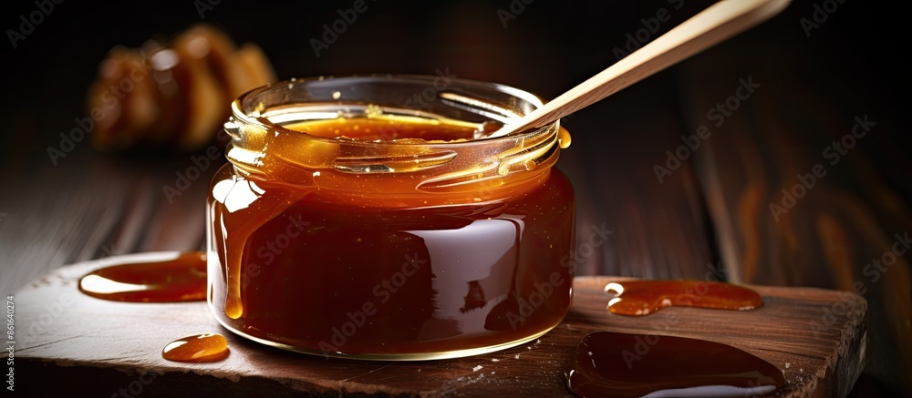 Poster closeup of a delicious jar of caramel sauce on a rustic board with copy space image.