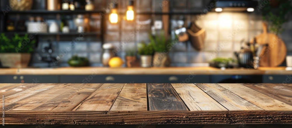 Poster copy space image featuring a wooden tabletop against a blurred kitchen backdrop, ideal for showcasin