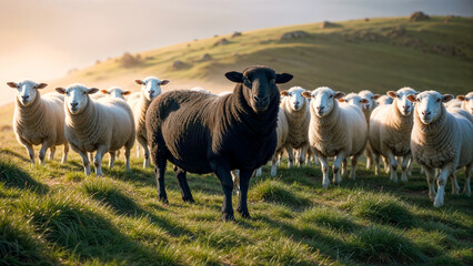 Obraz premium Black sheep stands out in a flock of white sheep on grassy hill, depicting familiar idiom.