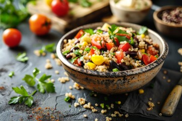 Healthy quinoa and black bean salad in bowl on countertop