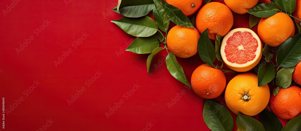 Poster flat lay of ripe sicilian oranges and leaves set against a red backdrop, perfect for overlaying copy