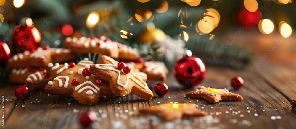 Poster the christmas cookies and decorations selective focus. with copy space image. place for adding text 