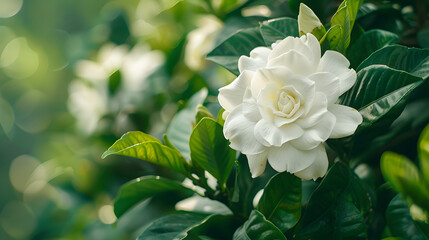 Elegant White Gardenia Flower Blooming in Lush Green Foliage