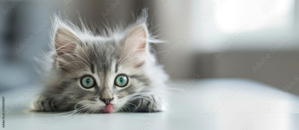 Poster adorable fluffy gray kitten with captivating green eyes resting on a white table, licking its lips. 