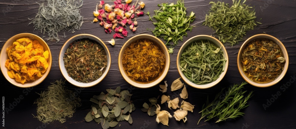 Poster different types of herbal tea with medicinal herbs viewed from above, showcasing a blank area for ad