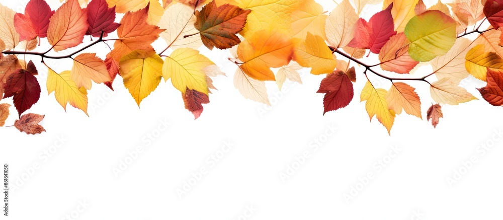 Poster Decorative border with colorful fall leaves on a white background, featuring copy space image.