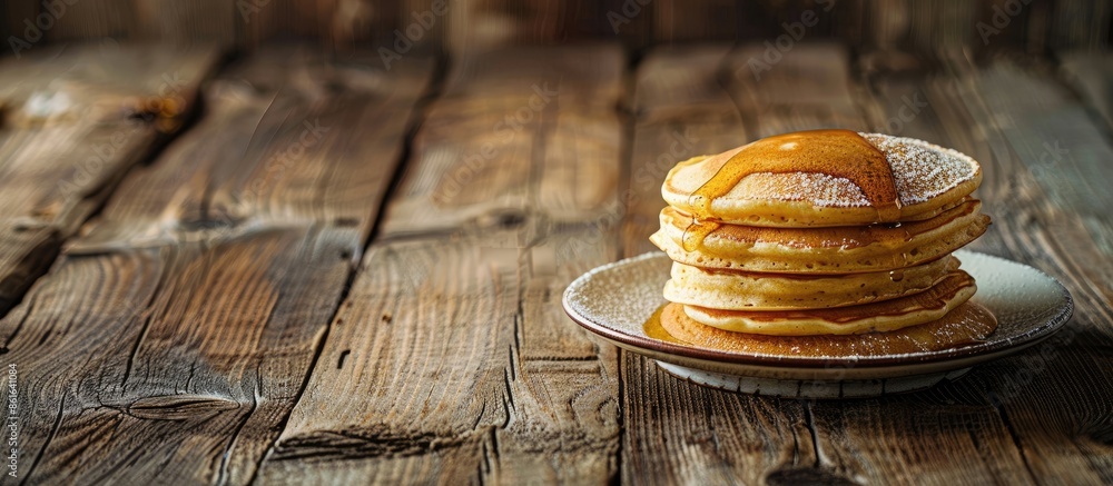 Poster rustic background for pancakes on a wooden table, enhancing the breakfast setting with nobody in the