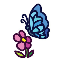 Blue butterfly flying towards pink flower colorful icon illustration with outline isolated on square white background. Simple flat cartoon art styled drawing.