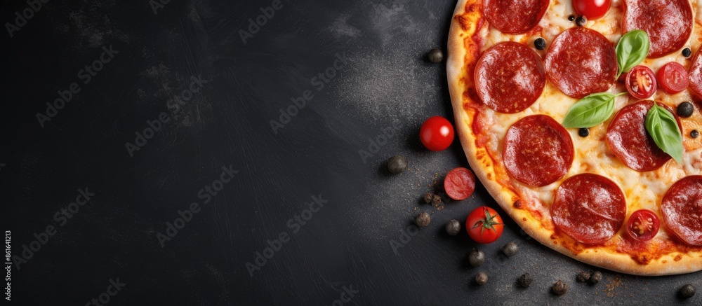 Poster Delicious pepperoni pizza displayed on gray surface in a flat lay composition with ample room for adding text in copy space image.