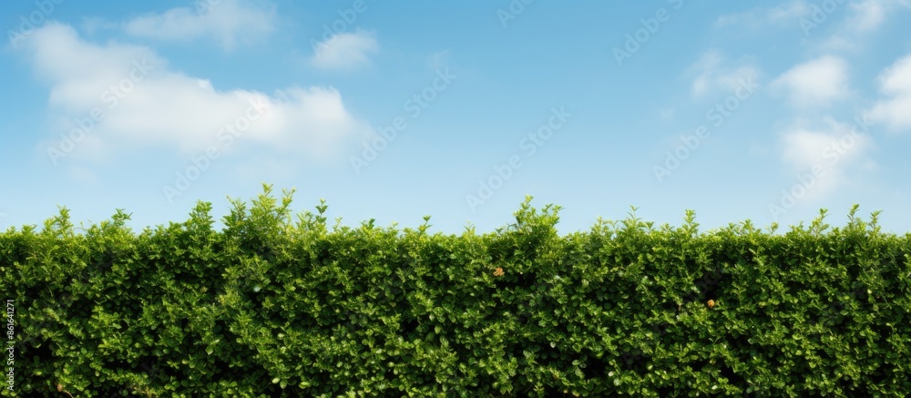 Poster garden hedge against a backdrop of the sky in a copy space image.