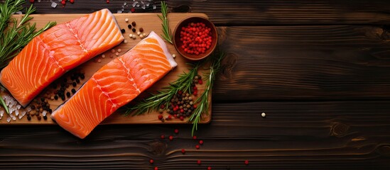 Top view of a raw, fresh fillet of red salmon seafood on a rustic table setting with copy space image in the background.