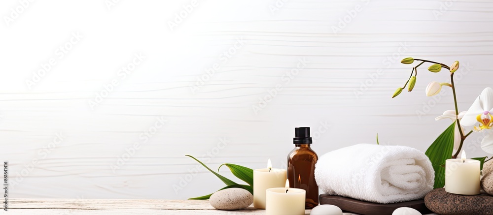 Poster spa supplies arranged on a white backdrop with copy space image.