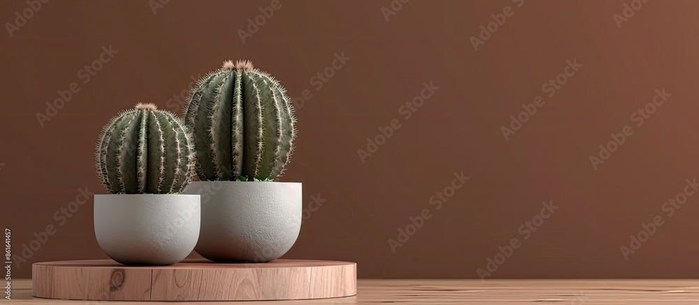 Poster minimalistic design concept showcasing two cacti in a grey pot on wooden podiums against a chocolate