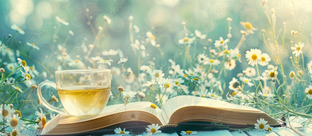 Poster summer blurpastel background of camomile tea and old book tenderness spring sunbeams. with copy space image. Place for adding text or design